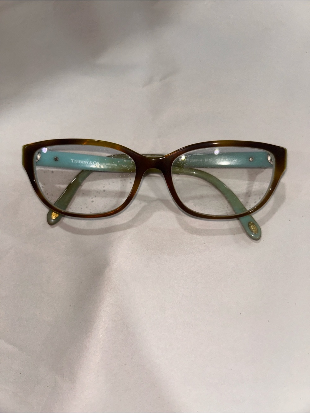Tiffany & Co. Brown Frames w/ Turquoise Temples Cat-Eye Glasses. EUC. Has hearts
